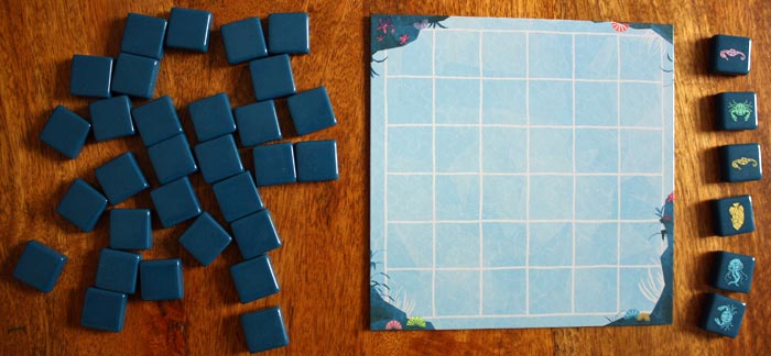 Das aufgebaute Spielfeld von Aqualin.