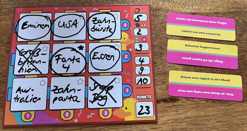 Das Spielertableau in Dito! nach drei Runden.